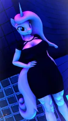 Size: 2160x3840 | Tagged: safe, artist:korizen, derpibooru import, fleur-de-lis, anthro, unicorn, clothes, dress, hand on hip, image, looking at you, neon, nightclub, png, solo
