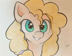 Size: 1280x999 | Tagged: safe, artist:normgear2, derpibooru import, pear butter, earth pony, pony, female, grin, image, jpeg, looking at you, mare, smiling, smiling at you, solo, traditional art