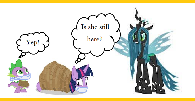 Size: 746x389 | Tagged: safe, derpibooru import, queen chrysalis, spike, twilight sparkle, twilight sparkle (alicorn), alicorn, changeling, dragon, pony, unicorn, bondage, cloth gag, gag, image, over the nose gag, png, rope, rope bondage, scared, thought bubble, worried