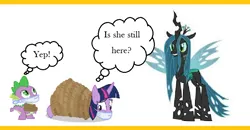 Size: 746x389 | Tagged: safe, derpibooru import, queen chrysalis, spike, twilight sparkle, twilight sparkle (alicorn), alicorn, changeling, dragon, pony, unicorn, bondage, cloth gag, gag, image, over the nose gag, png, rope, rope bondage, scared, thought bubble, worried