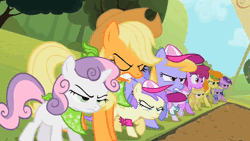 Size: 1280x720 | Tagged: safe, derpibooru import, applejack, sweetie belle, earth pony, pony, robot, robot pony, friendship is witchcraft, sisterhooves social, 2012, animated, brony music, funny, giant hat, hat, image, lyrics, meme, music, song, sweetie bot, text, webm