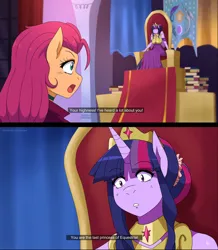 Size: 960x1101 | Tagged: safe, artist:traupa, derpibooru import, sunny starscout, twilight sparkle, alicorn, anthro, g5, alternate hairstyle, anime, anime style, breasts, g4, image, jpeg, open mouth, sitting, subtitles
