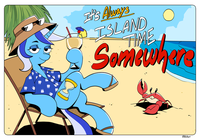 Size: 6000x4200 | Tagged: safe, artist:balileart, derpibooru import, minuette, crab, pony, unicorn, absurd resolution, beach, beach chair, chair, clothes, cocktail umbrella, drink, female, hat, hawaiian shirt, image, lidded eyes, looking at you, mare, png, postcard, sandals, shirt, smiling, smiling at you, solo, sun hat, sunglasses, sunglasses on head, text
