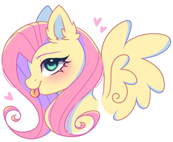 Size: 1335x1099 | Tagged: safe, artist:freyamilk, derpibooru import, fluttershy, pegasus, pony, blushing, cute, female, floating heart, heart, image, jpeg, looking at you, mare, profile, shyabetes, simple background, smiling, smiling at you, solo, spread wings, tongue out, white background, wings