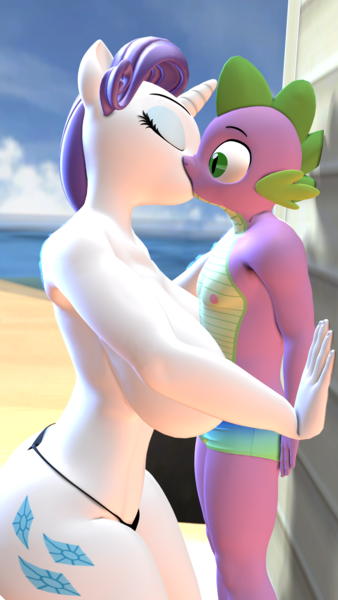 Size: 1440x2560 | Tagged: questionable, artist:daemont92, banned from derpibooru, rarity, spike, anthro, dragon, unicorn, 3d, age difference, ass, beach, big breasts, breasts, busty rarity, butt, clothes, eyes closed, eyeshadow, female, hands on wall, image, kissing, makeup, male, male nipples, partial nudity, png, rearity, sand, seaside, shipping, shotacon, source filmmaker, sparity, straight, straight shota, surprise kiss, surprised, swimming trunks, topless, underage, water, wide eyes