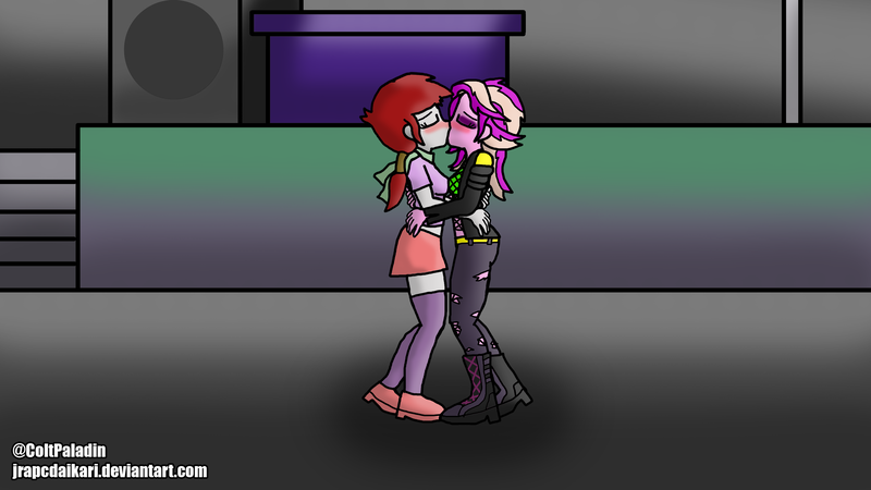 Size: 3920x2205 | Tagged: safe, artist:jrapcdaikari, derpibooru import, oc, oc:amethyst heart, oc:sharps eye, unofficial characters only, equestria girls, female, image, kissing, lesbian, png