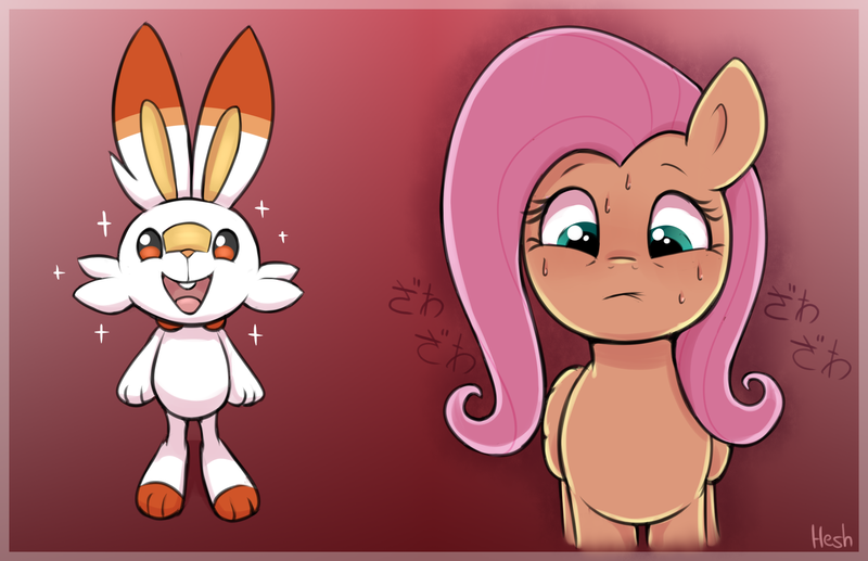 Size: 2372x1532 | Tagged: safe, artist:heretichesh, derpibooru import, fluttershy, pegasus, pony, rabbit, scorbunny, animal, anxious, cute, female, happy, image, mare, png, pokémon, sweat, zawa