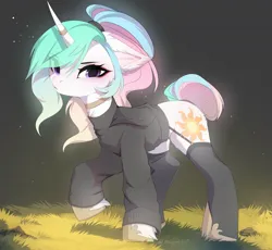 Size: 2387x2200 | Tagged: safe, artist:magnaluna, derpibooru import, princess celestia, pony, clothes, ear fluff, eye clipping through hair, eyebrows, eyebrows visible through hair, female, high res, hoodie, horn, image, jpeg, looking at you, mare, raised hoof, solo