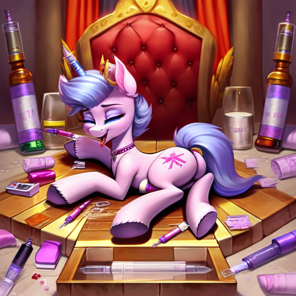 Size: 768x768 | Tagged: semi-grimdark, derpibooru import, machine learning generated, queen haven, pony, g5, ai content, alcohol, butt, choker, deck of cards, drink, drugs, generator:pony diffusion v5, high, image, implied pipp petals, implied zipp storm, money, on floor, pills, plot, png, solo, stoned, syringe, throne, throne room, wasted