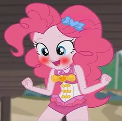 Size: 903x894 | Tagged: safe, derpibooru import, edit, edited screencap, editor:incredibubbleirishguy, screencap, pinkie pie, equestria girls, equestria girls series, x marks the spot, beach shorts swimsuit, blushing, bow, clothes, cropped, excited, image, jpeg, pinkie pie swimsuit, swimsuit