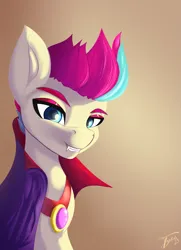 Size: 2175x3000 | Tagged: safe, artist:tyleks, derpibooru import, zipp storm, pegasus, pony, undead, vampire, vampony, g5, cape, clothes, cosplay, costume, cute, fangs, female, image, mare, png, signature, simple background, smiling