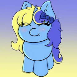 Size: 3000x3000 | Tagged: safe, artist:purple wingshade, derpibooru import, oc, oc:blue water, unofficial characters only, pony, unicorn, blue mane, blushing, bow, chibi, chubby, commissioner:blue water, cute, ear fluff, eyelashes, eyes closed, gradient background, image, png, smiling, tiny, tiny ponies, yellow mane