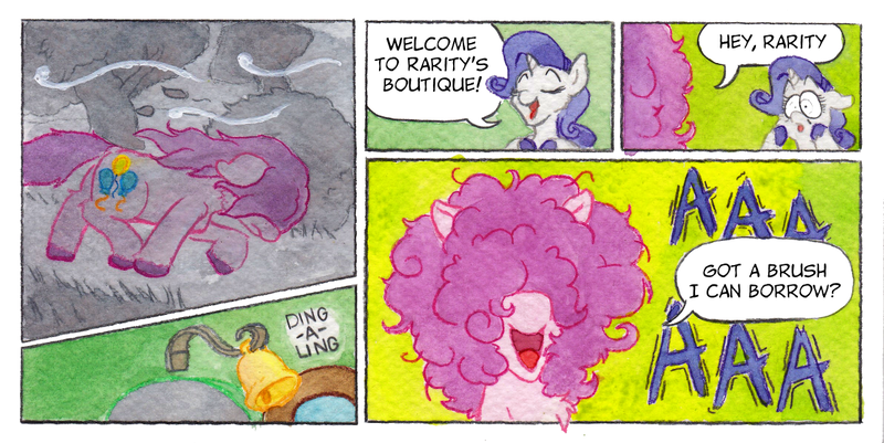 Size: 1192x598 | Tagged: safe, artist:lost marbles, derpibooru import, pinkie pie, rarity, earth pony, pony, unicorn, bell, comic, dialogue, door, frizzy hair, hair over eyes, image, open mouth, open smile, png, smiling, traditional art, wind