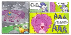 Size: 1192x598 | Tagged: safe, artist:lost marbles, derpibooru import, pinkie pie, rarity, earth pony, pony, unicorn, bell, comic, dialogue, door, frizzy hair, hair over eyes, image, open mouth, open smile, png, smiling, traditional art, wind