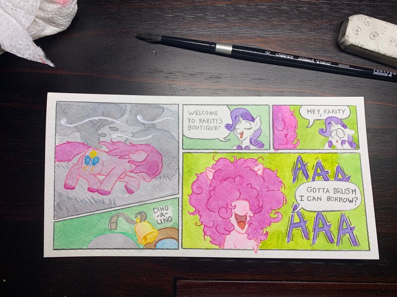 Size: 4032x3024 | Tagged: safe, artist:lost marbles, derpibooru import, pinkie pie, rarity, earth pony, pony, unicorn, comic, dialogue, frizzy hair, image, jpeg, mixed media, traditional art, wind