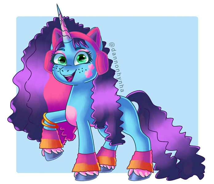 Size: 1338x1153 | Tagged: safe, artist:dannonhynha, derpibooru import, pony, unicorn, g5, my little pony: make your mark, my little pony: tell your tale, accessory, adorable face, curly hair, cute, digital art, freckles, hair, headphones, image, jpeg, long mane, long tail, looking at you, misty brightdawn, open mouth, simple background, smiling, smiling at you, solo, tail