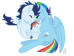 Size: 1024x768 | Tagged: safe, artist:ilaria122, derpibooru import, rainbow dash, soarin', oc, oc:sky, pegasus, pony, baby, baby pony, eyes closed, female, filly, foal, happy, image, lying down, male, mare, offspring, parent:rainbow dash, parent:soarin', parents:soarindash, png, shipping, simple background, soarindash, stallion, straight, transparent background, vector