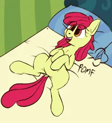 Size: 915x1005 | Tagged: safe, artist:xppp1n, derpibooru import, apple bloom, earth pony, pony, adorabloom, bed, blushing, cute, dock, eye clipping through hair, female, filly, foal, image, jpeg, meme, missing accessory, onomatopoeia, open mouth, pillow, pomf, solo, tail, what are we gonna do on the bed?