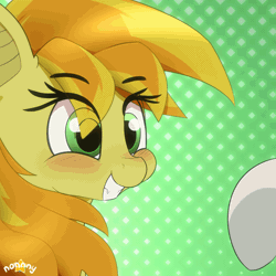 Size: 1000x1000 | Tagged: safe, artist:n0nnny, derpibooru import, oc, oc:fair mail, oc:fiery breeze, bat pony, pony, abstract background, animated, blushing, boop, commission, cute, eye shimmer, female, frame by frame, gif, happy, hnnng, image, mare, n0nnny's boops, nose wrinkle, scrunchy face, smiling, solo focus, teeth, text