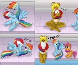 Size: 4900x4100 | Tagged: safe, artist:gameboysage, derpibooru import, rainbow dash, scootaloo, anthro, bear, pegasus, pony, air nozzle, beach ball, blowing up beach ball, blushing, bottomless, breasts, cleavage, clothes, comic, cute, cutealoo, dashabetes, female, filly, foal, hoof hold, image, inflating, lifeguard, lipstick, loonerdash, lucky girl, mare, partial nudity, paula, paula (animal crossing), png, puffy cheeks, rainblow dash, red face, scootalove, summer, swimming pool, trio