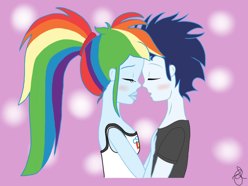 Size: 1024x768 | Tagged: safe, artist:ilaria122, derpibooru import, rainbow dash, soarin', human, equestria girls, blushing, eyes closed, female, image, jpeg, male, now kiss, ponytail, shipping, soarindash, straight