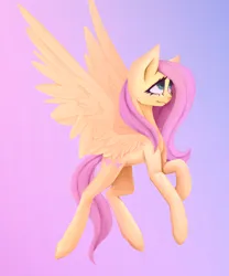 Size: 2500x3000 | Tagged: safe, artist:anastas, derpibooru import, fluttershy, pegasus, pony, big ears, big eyes, blushing, cute, female, flying, full body, gradient background, image, looking up, mare, pink mane, pink tail, png, raised hoof, shyabetes, side view, smiling, solo, solo female, spread wings, sternocleidomastoid, tail, wings, yellow coat
