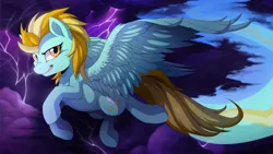 Size: 2360x1332 | Tagged: safe, artist:hioshiru, paywalled source, lightning dust, pegasus, pony, chest fluff, cloud, ear fluff, female, flying, image, leg fluff, lightning, mare, png, sky, smiling, smirk, solo, storm, trail, wing fluff