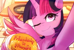 Size: 1985x1348 | Tagged: safe, artist:maren, derpibooru import, twilight sparkle, twilight sparkle (alicorn), alicorn, pony, armpits, eyebrows, eyebrows visible through hair, eyelashes, food, image, leg hold, looking at you, one eye closed, one wing out, pancakes, png, selfie, signature, solo, spread wings, wings, wink, winking at you