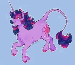 Size: 3524x3024 | Tagged: safe, artist:mysthooves, derpibooru import, twilight sparkle, classical unicorn, pony, unicorn, blue background, cloven hooves, horn, image, leonine tail, png, simple background, smiling, solo, unicorn twilight, unshorn fetlocks