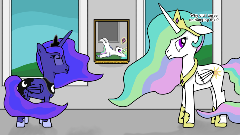 Size: 1920x1080 | Tagged: safe, artist:auro, derpibooru import, princess celestia, princess luna, alicorn, pony, annoyed, cake, cakelestia, castle, defenestration, duo, falling, food, image, laughing, lying down, magic, painting, png, telekinesis, text, window