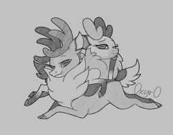 Size: 1308x1024 | Tagged: safe, artist:0xyr0, derpibooru import, deer, reindeer, them's fightin' herds, community related, cupid (tfh), doe, duo, female, grayscale, image, looking at you, lying down, male, monochrome, one eye closed, png, prone, signature, simple background, stag, traditional art, vixen (tfh), white background, wink, winking at you