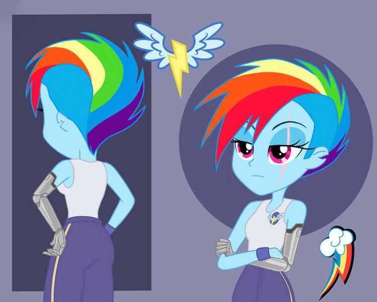 Size: 827x662 | Tagged: safe, artist:nightglowfan, derpibooru import, rainbow dash, human, equestria girls, alternate timeline, apocalypse dash, ass, butt, crystal war timeline, cybernetic arm, female, image, jpeg, solo