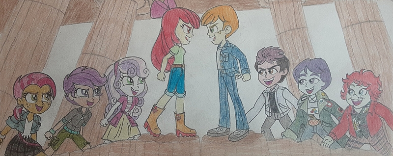 Size: 2020x804 | Tagged: safe, artist:jebens1, artist:sapphiregamgee, derpibooru import, apple bloom, scootaloo, sweetie belle, equestria girls, alvin and the chipmunks, chunk, data, equestria girls-ified, facing each other, goonies, image, jpeg, mikey, mouth, parody, singing, the goonies