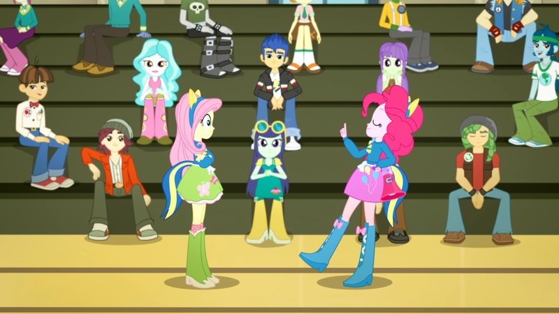 Size: 1920x1080 | Tagged: safe, derpibooru import, screencap, blueberry cake, flash sentry, fluttershy, pinkie pie, eqg summertime shorts, equestria girls, steps of pep, blueberry cake's boots, boots, clothes, crossed arms, eyes closed, fluttershy's boots, image, megaphone, pinkie pie's boots, png, shoes, wondercolts uniform