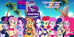 Size: 2960x1480 | Tagged: suggestive, derpibooru import, bon bon, fluttershy, pinkie pie, rarity, sci-twi, starlight glimmer, sunset shimmer, sweetie drops, twilight sparkle, fanfic, equestria girls, spoiler:comic, beach, bikini, caption, clothes, disney, fanfic art, image, image macro, party, png, swimsuit, text