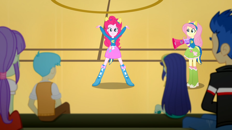 Size: 1920x1080 | Tagged: safe, derpibooru import, screencap, blueberry cake, flash sentry, fluttershy, pinkie pie, eqg summertime shorts, equestria girls, steps of pep, boots, clothes, fluttershy's boots, image, megaphone, pinkie pie's boots, png, shoes, wondercolts uniform