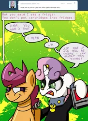 Size: 800x1100 | Tagged: safe, artist:putuk, derpibooru import, scootaloo, pony, robot, robot pony, unicorn, ask, duo, image, meanie belle, png, scootabot, tumblr