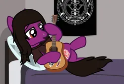 Size: 1753x1202 | Tagged: safe, artist:lightningbolt, derpibooru import, ponified, pegasus, pony, .svg available, acoustic guitar, bed, clothes, crossed legs, derpibooru exclusive, folded wings, guitar, hoof hold, image, indoors, lidded eyes, lying down, male, musical instrument, nose piercing, on back, pierce the veil, piercing, png, shirt, show accurate, solo, stallion, t-shirt, vector, vic fuentes, wings