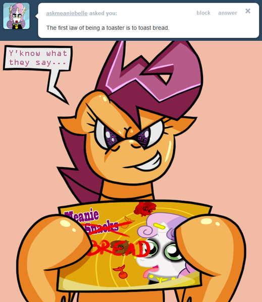 Size: 640x740 | Tagged: safe, artist:putuk, derpibooru import, scootaloo, pony, robot, robot pony, ask, image, meanie belle, png, scootabot, solo, tumblr