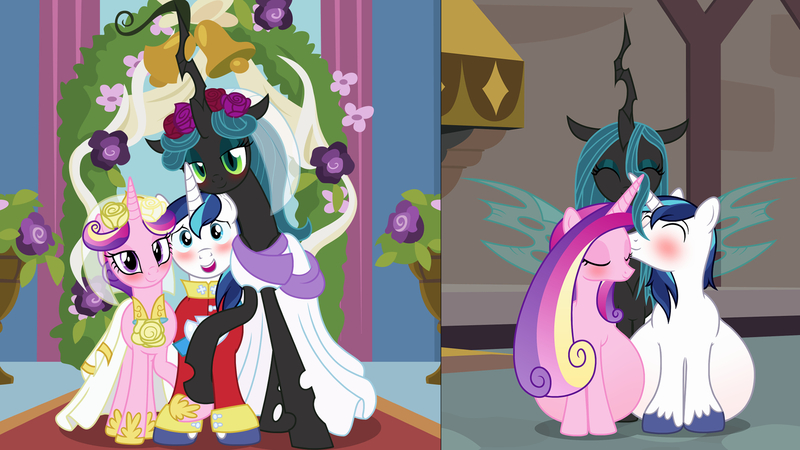 Size: 1920x1080 | Tagged: suggestive, artist:badumsquish, derpibooru import, edit, princess cadance, queen chrysalis, shining armor, alicorn, changeling, changeling queen, pony, unicorn, a canterlot wedding, 2 panel comic, a better ending for chrysalis, alternate ending, alternate hairstyle, belly, big belly, bigamy, bisexual, blushing, bouquet, bouquet of flowers, canterlot wedding 10th anniversary, cheek rub, chrysarmordance, clothes, comic, derpibooru exclusive, dress, eyes closed, female, floral head wreath, flower, high res, holding hooves, image, implied oviposition, jpeg, lesbian, male, male pregnancy, mare, marriage, nervous, nuzzling, polyamory, ponies breeding changelings, pregarmor, pregdance, pregnant, shining armor gets all the mares, shining armor's house, shipping, show accurate, smiling, spread wings, stallion, straight, trio, wallpaper, wallpaper edit, wedding, wedding dress, wedding suit, wedding veil, wings