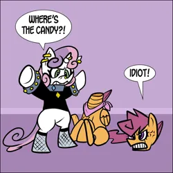 Size: 1280x1280 | Tagged: safe, artist:pembroke, derpibooru import, scootaloo, pony, robot, unicorn, angry, bipedal, disembodied head, duo, female, filly, foal, image, jpeg, meanie belle, scootabot
