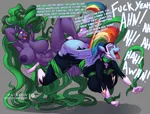 Size: 2203x1673 | Tagged: explicit, artist:thebigbadwolf01, derpibooru import, mane-iac, rainbow dash, zapp, anthro, earth pony, pegasus, pony, unguligrade anthro, arm behind head, armpits, ass, big breasts, breasts, busty mane-iac, busty rainbow dash, butt, clothes, commission, dialogue, erect nipples, female, gray background, huge breasts, image, large butt, lesbian, mare, mind control, nipple outline, nipples, nudity, png, power ponies, prehensile mane, rainbutt dash, sex, simple background, swirly eyes, tongue out, torn clothes, tribadism, vaginal secretions, wide hips