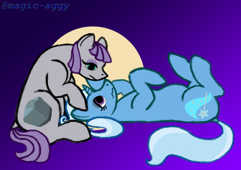 Size: 1280x905 | Tagged: safe, artist:magic-aggy, derpibooru import, maud pie, trixie, earth pony, pony, unicorn, female, gradient background, image, jpeg, lesbian, looking at each other, looking at someone, lying down, mauxie, on back, shipping