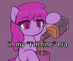 Size: 1826x1533 | Tagged: safe, artist:moozua, derpibooru import, berry punch, berryshine, ponified, earth pony, pony, cup, female, image, jack daniels, jpeg, mare, purple background, simple background, solo, text