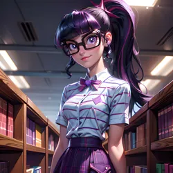 Size: 1024x1024 | Tagged: safe, derpibooru import, machine learning generated, sci-twi, twilight sparkle, human, equestria girls, ai content, bowtie, clothes, female, glasses, image, jpeg, library, looking at you, ponytail, prompter:akaitsuki154, shirt, skirt, solo, striped shirt