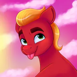 Size: 1092x1092 | Tagged: safe, artist:malarkey, derpibooru import, sprout cloverleaf, earth pony, pony, g5, image, male, png, solo, stallion, sunset, tongue out