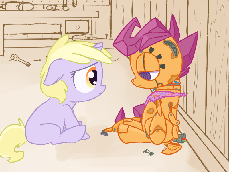 Size: 800x600 | Tagged: safe, artist:ask-dinky-doo, derpibooru import, dinky hooves, scootaloo, pony, robot, robot pony, unicorn, dead, duo, female, filly, foal, image, png, sad, scootabot, sitting
