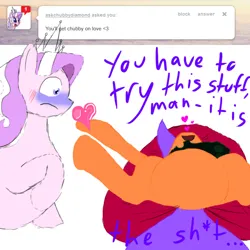 Size: 750x750 | Tagged: safe, artist:hi-scootaloo, derpibooru import, diamond tiara, scootaloo, earth pony, pony, ask, blushing, butt, chubby diamond, disguise, disguised changeling, fat, image, lying down, on back, plot, png, scootaling, tumblr