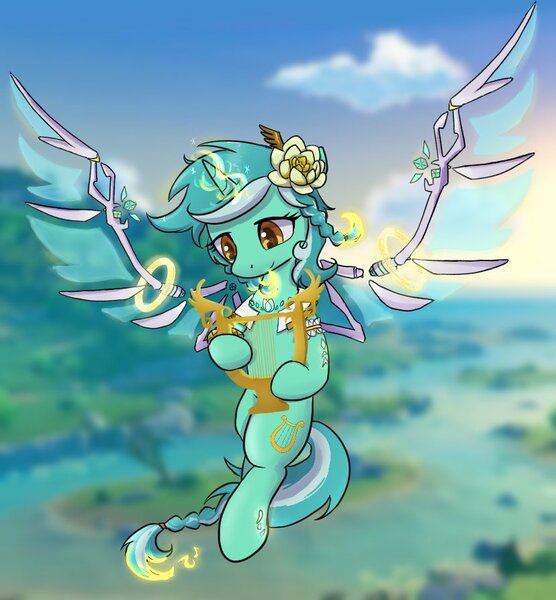 Size: 828x894 | Tagged: safe, artist:brella, derpibooru import, lyra heartstrings, pony, unicorn, female, flower, flower in hair, genshin impact, image, jpeg, lyre, mare, musical instrument, solo, venti (genshin impact), wings