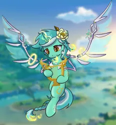 Size: 828x894 | Tagged: safe, artist:brella, derpibooru import, lyra heartstrings, pony, unicorn, female, flower, flower in hair, genshin impact, image, jpeg, lyre, mare, musical instrument, solo, venti (genshin impact), wings